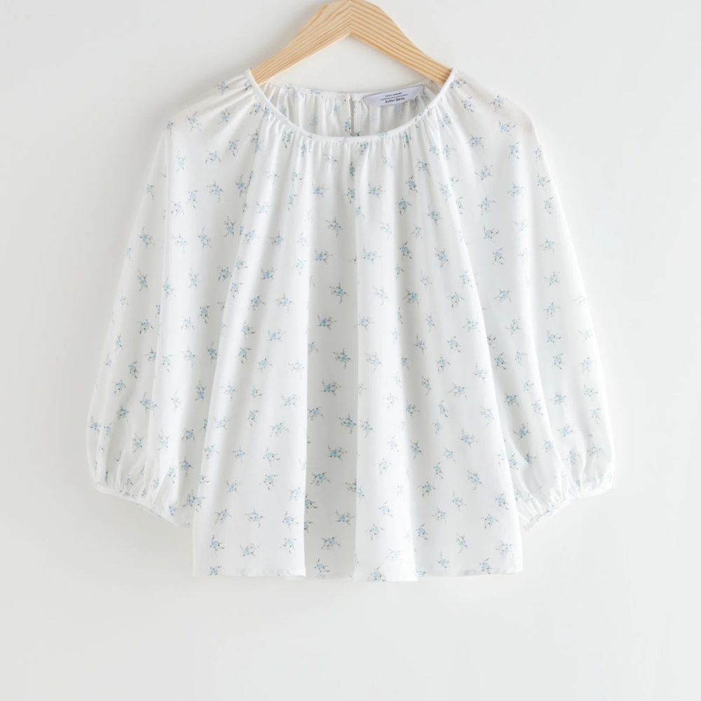 & Other Stories Voluminous Puff Sleeve Crepe White Floral Peasant Blouse